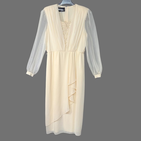 VTG 80s Ursula of Switzerland Evening Dress Ivory Chiffon Beaded Sheer Sleeve 14